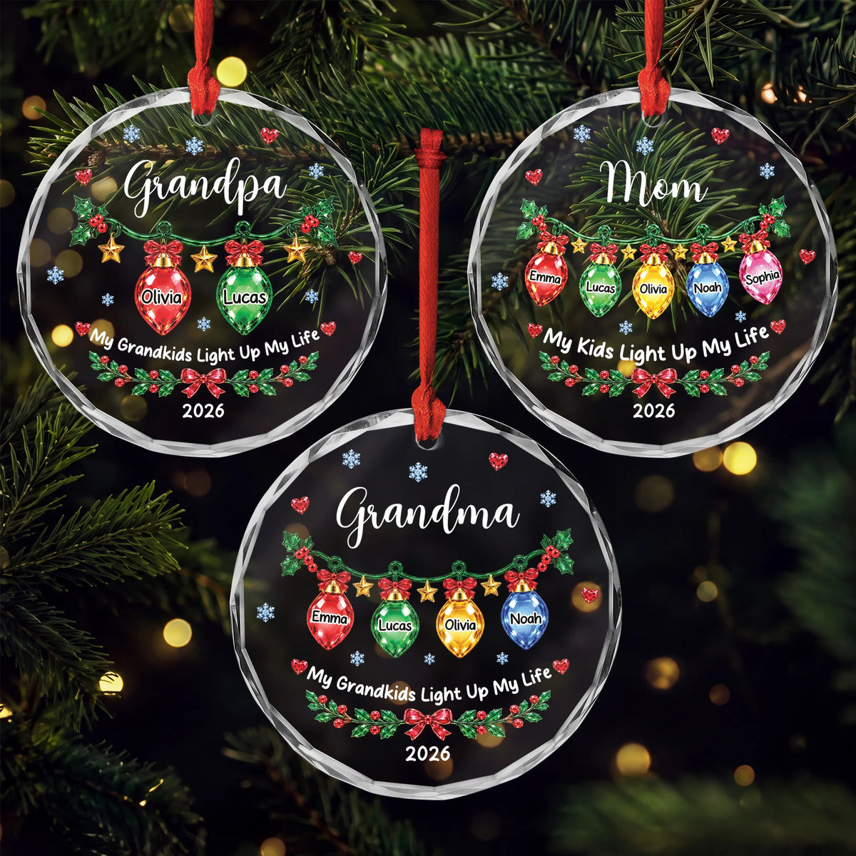 My Grandkids Light Up My Life Personalized Glass Ornament - Custom Christmas Keepsake Gift for Grandma Grandpa