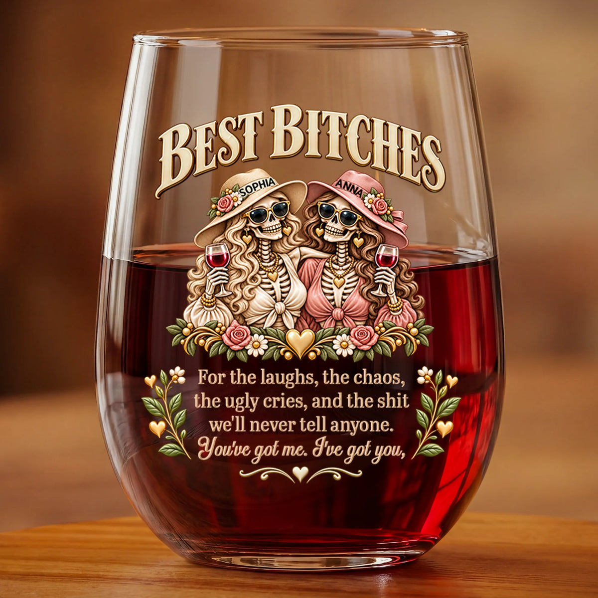 "Best Bitches" Funny Skeleton Stemless Wine Glass - Halloween Birthday Gift for Best Friends