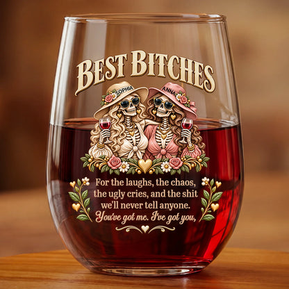 "Best Bitches" Funny Skeleton Stemless Wine Glass - Halloween Birthday Gift for Best Friends
