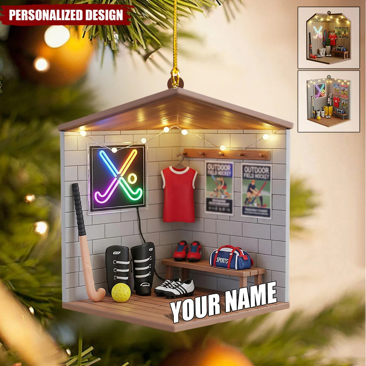 Locker Room Scene Personalized Field Hockey Christmas Ornament - Sports Keepsake Gift for Player and Teammate