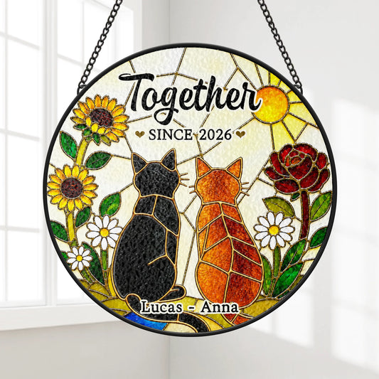 Personalized cat suncatcher window hanging with custom names and Together Since text for couples and cat lovers