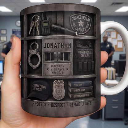 Personalized correctional officer mug featuring custom name and 3D badge design gear graphic