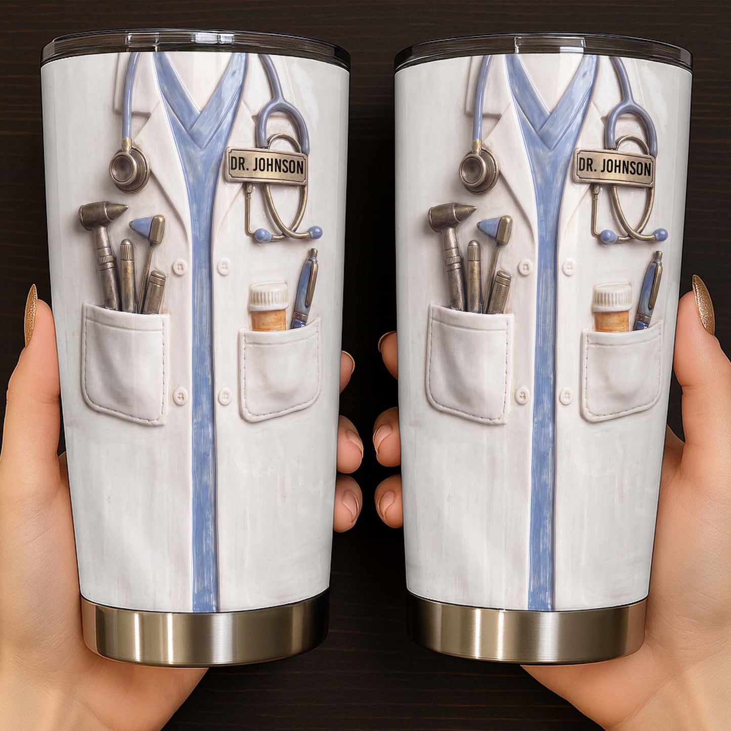 Personalized doctor tumbler featuring 3D style white lab coat stethoscope design with custom name tag for doctors image 7