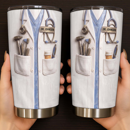Personalized doctor tumbler featuring 3D style white lab coat stethoscope design with custom name tag for doctors image 7