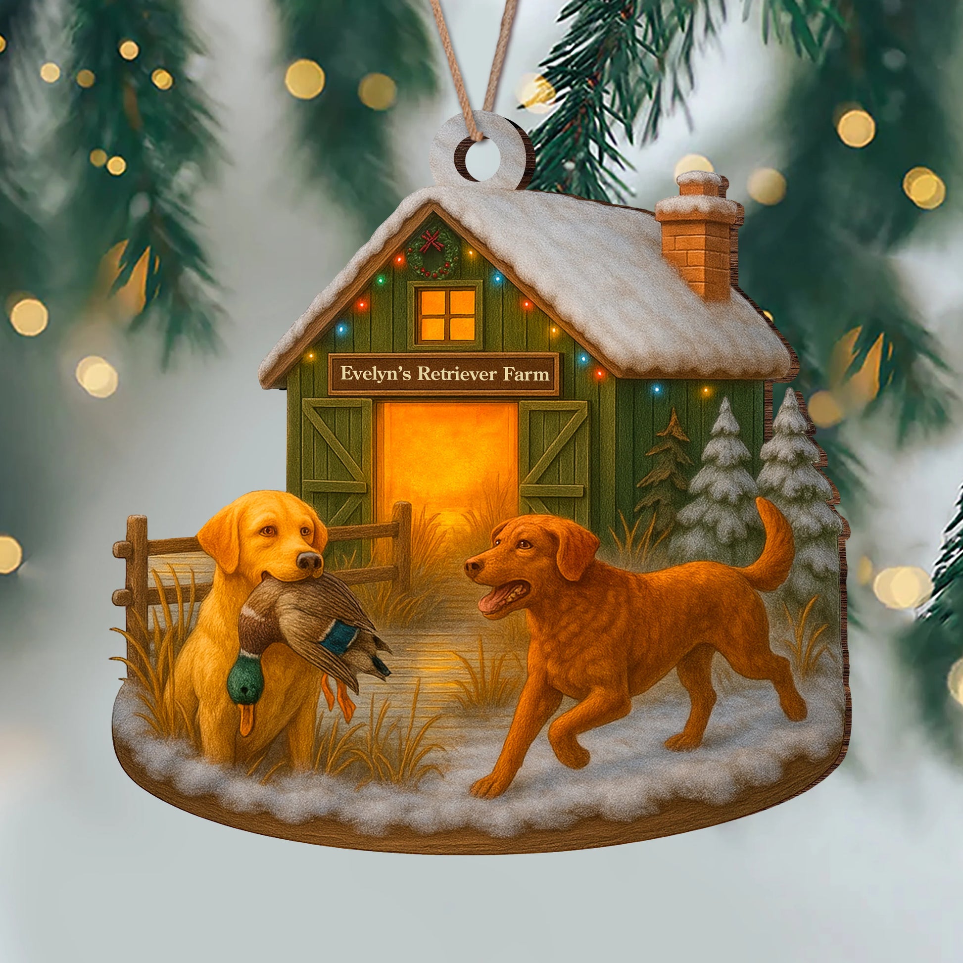 Personalized Duck Hunting Dog Wood Ornament - Custom Farm Name Christmas Gift