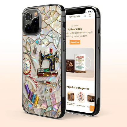 Personalized clear phone case featuring colorful sewing machine and craft design for seamstresses image 7
