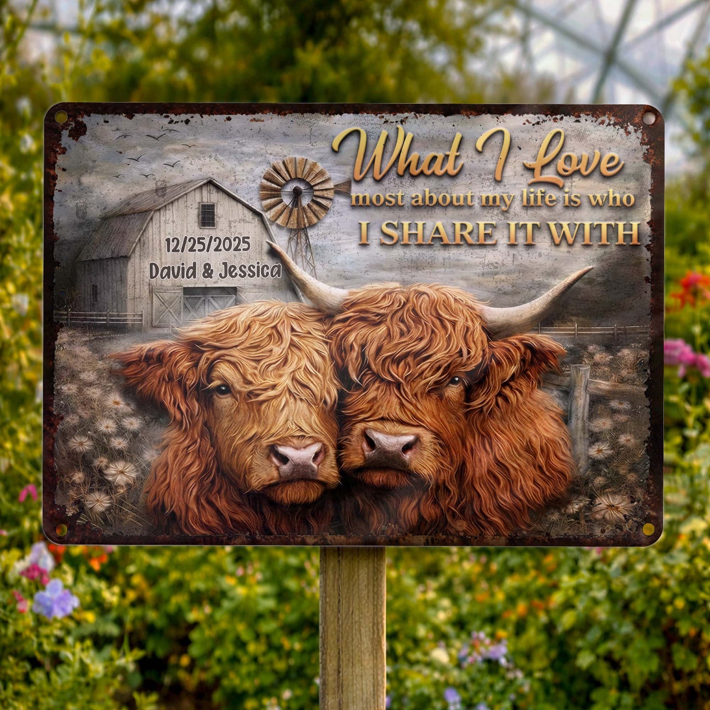 Metal Sign material and size view - Custom Highland Cow Couples Metal Sign