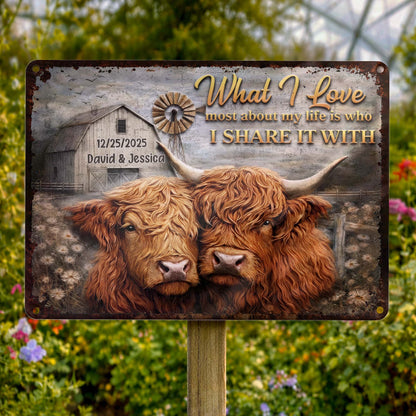 Metal Sign material and size view - Custom Highland Cow Couples Metal Sign