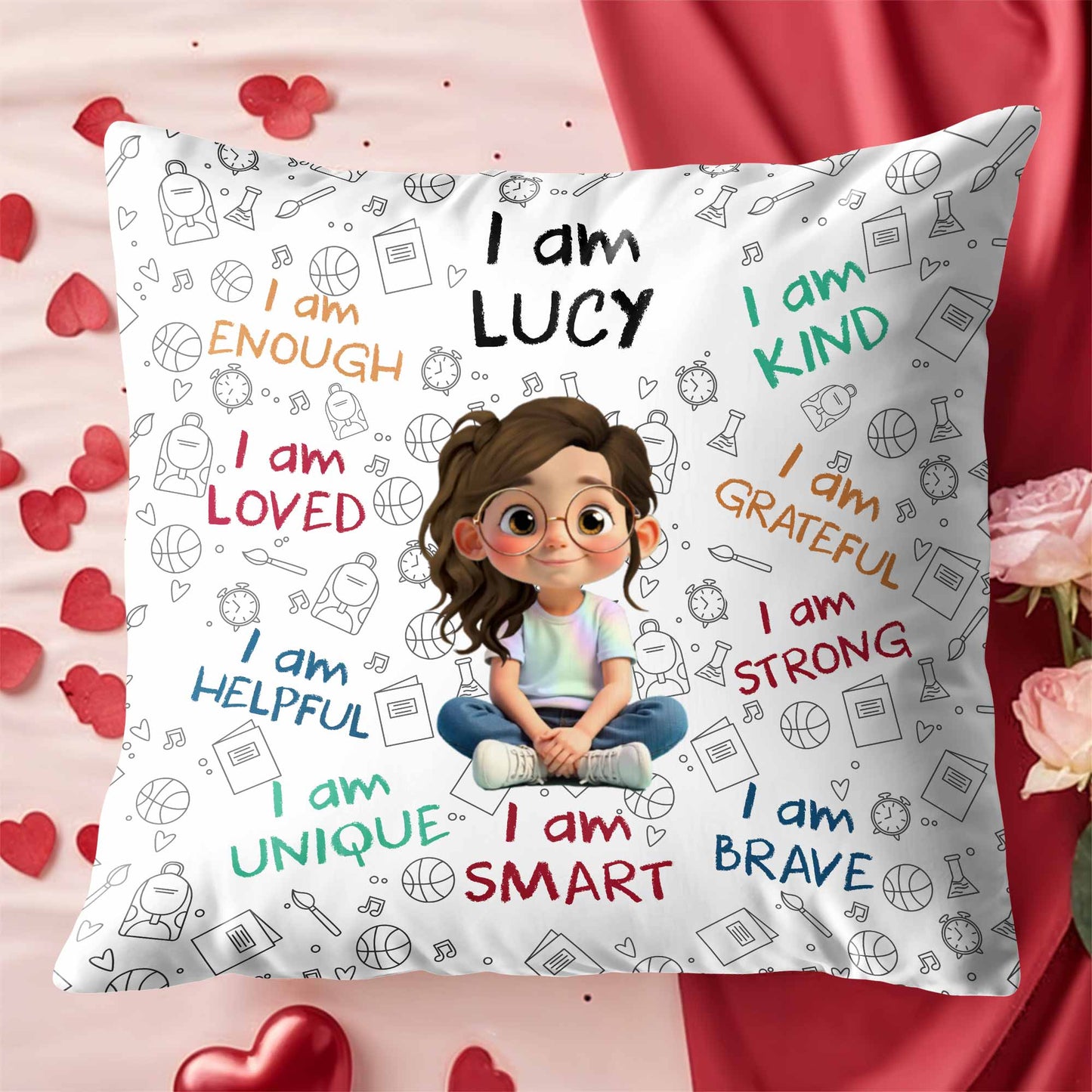 I Am Enough Loved Brave Custom Kids Affirmation Pillow - Personalized Gift for Girls