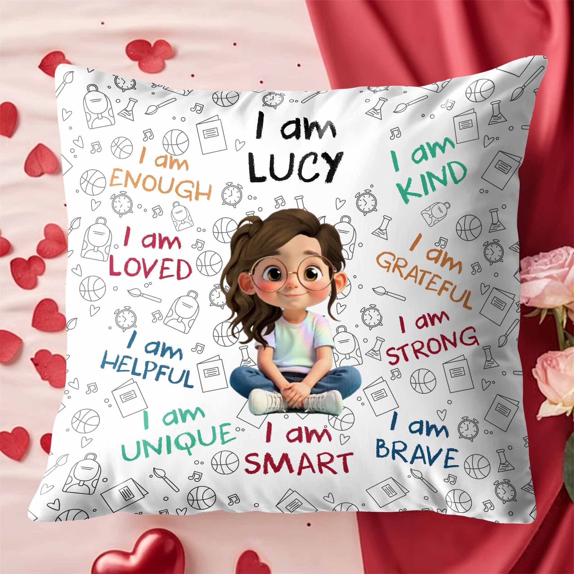 I Am Enough Loved Brave Custom Kids Affirmation Pillow - Personalized Gift for Girls