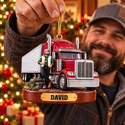 Custom Name Semi Truck Personalized Truck Driver Christmas Ornament - Holiday Gift for Dad & Husband