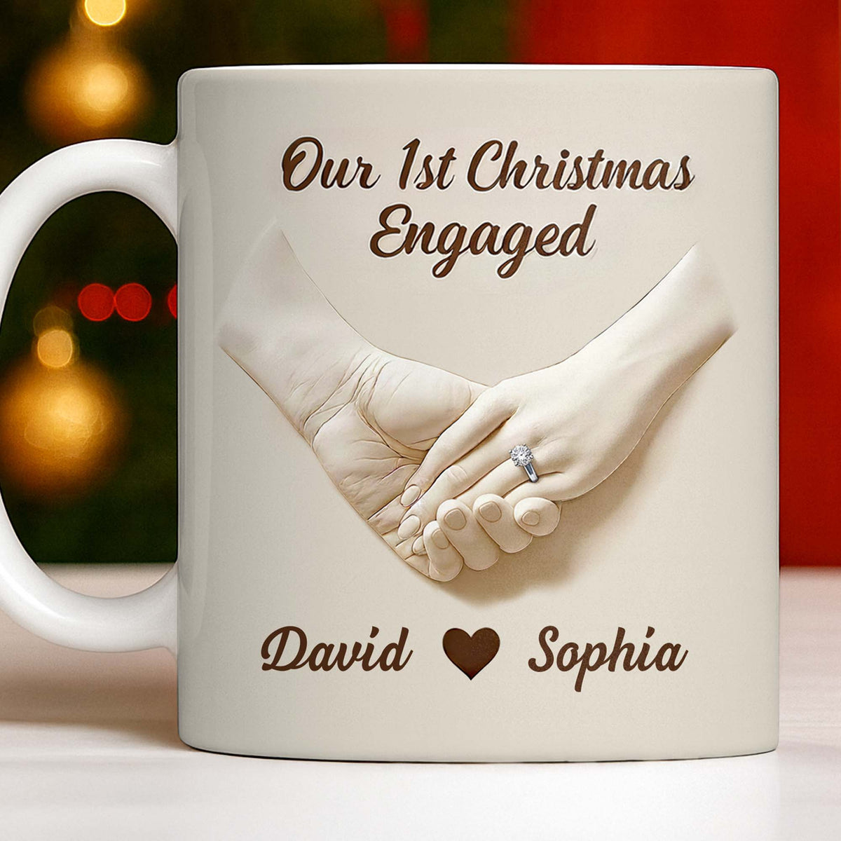 "Our 1st Christmas Engaged" Personalized Couple Mug - Custom Engagement Ring Ceramic Coffee Cup