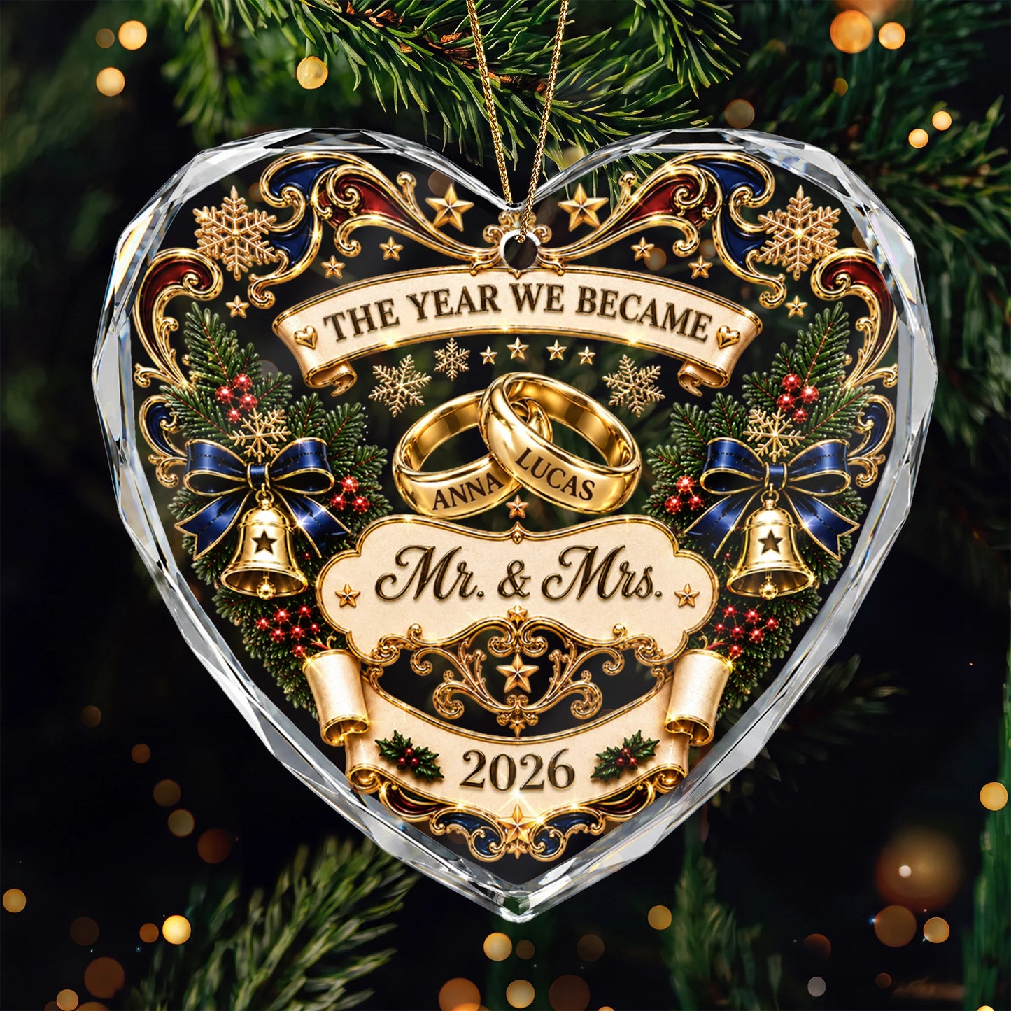 "The Year We Became Mr & Mrs" Personalized Glass Heart Ornament - Custom Wedding Gift for Couples
