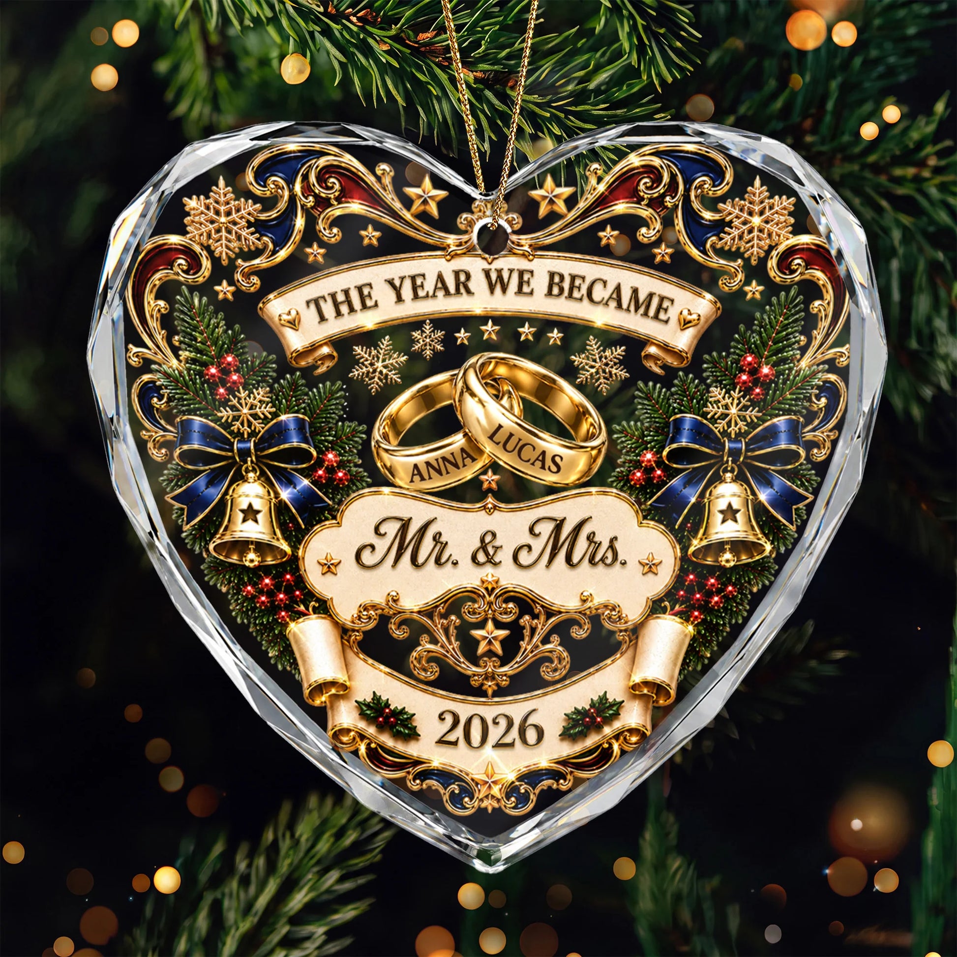 "The Year We Became Mr & Mrs" Personalized Glass Heart Ornament - Custom Wedding Gift for Couples