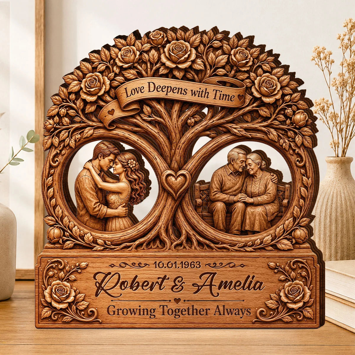"Love Deepens With Time Tree" Personalized Wooden Block - Custom Anniversary Keepsake Gift for Couples