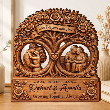 "Love Deepens With Time Tree" Personalized Wooden Block - Custom Anniversary Keepsake Gift for Couples
