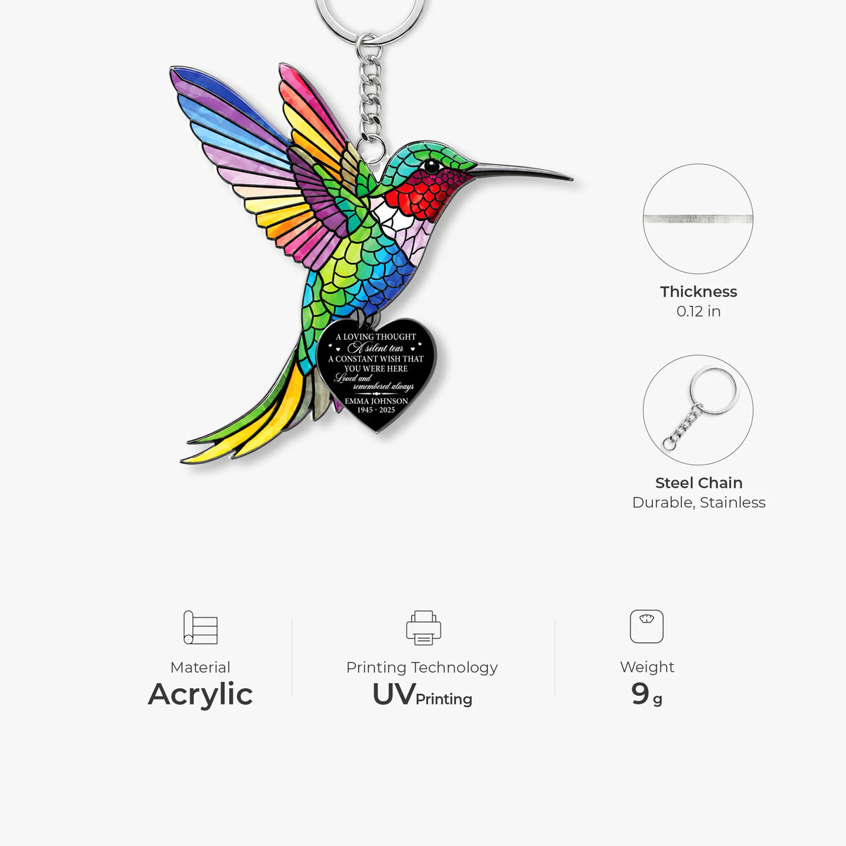 Personalized Bird Memorial Keychain - Hummingbird, Cardinal, Parakeet, Robin Sympathy Gift, Custom Name Loss of Loved One Keepsake