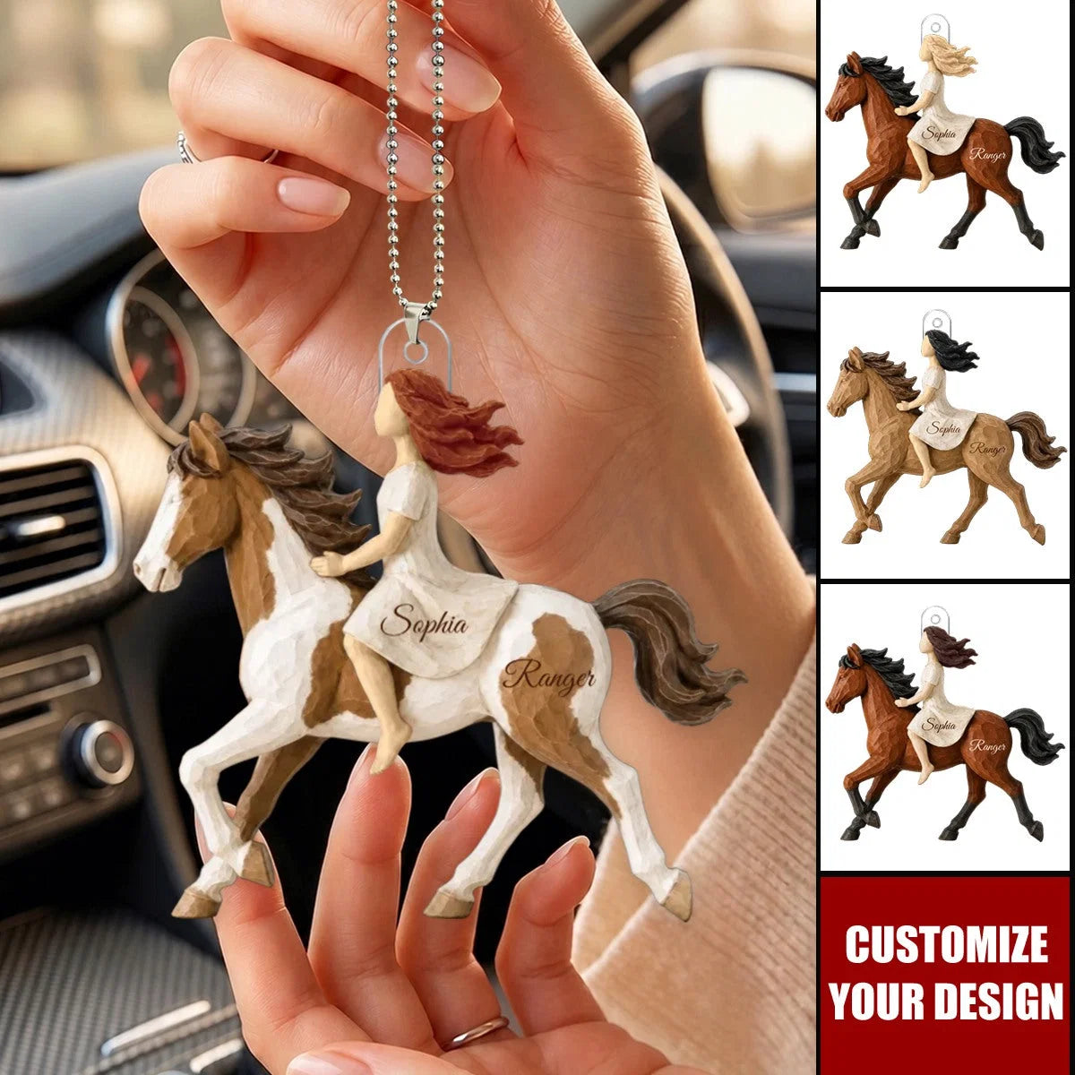 Girl Riding Horse Personalized Acrylic Car Ornament - Custom Equestrian Keepsake