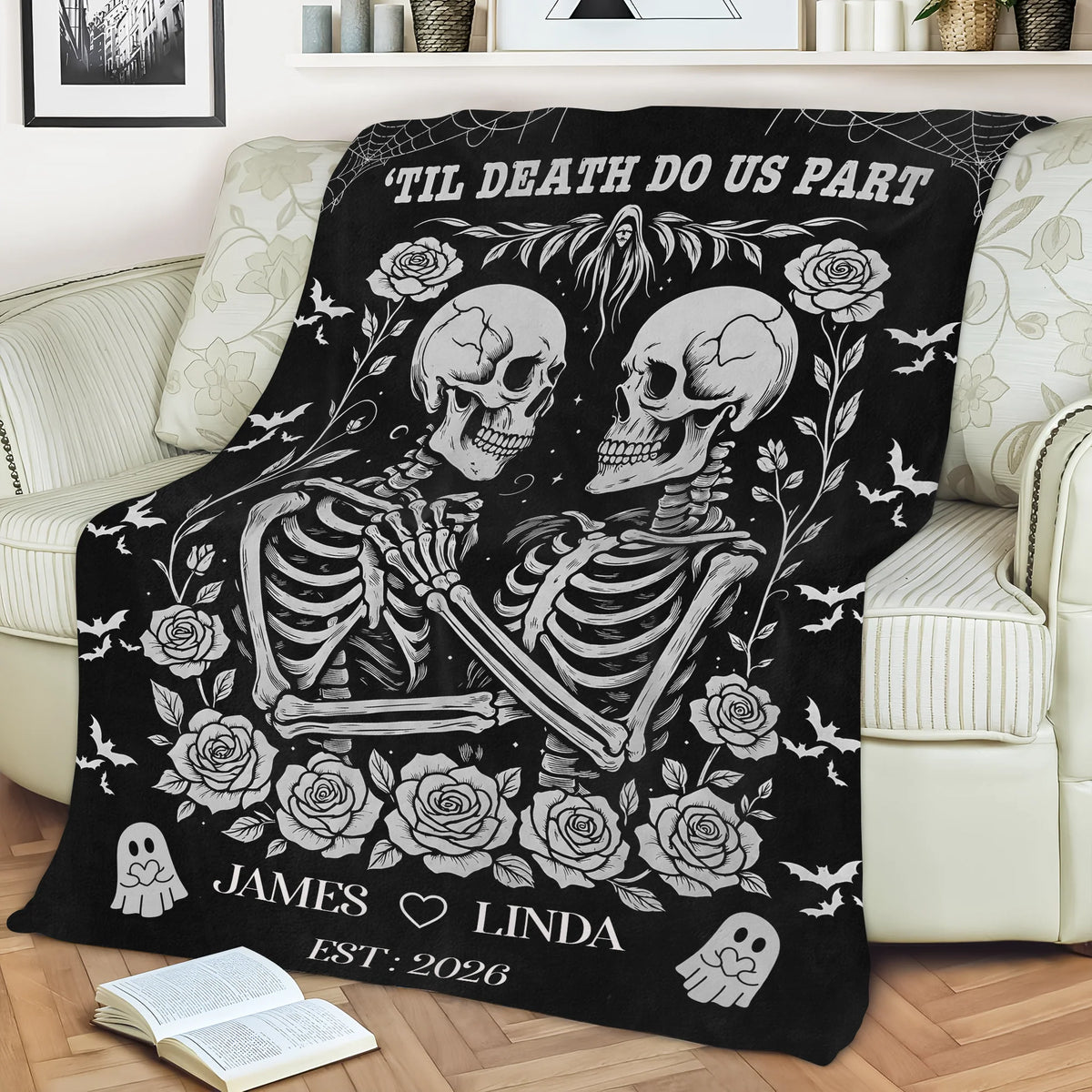 'Til Death Do Us Part Personalized Skeleton Couple Blanket - Custom Gothic Wedding Gift for Couples