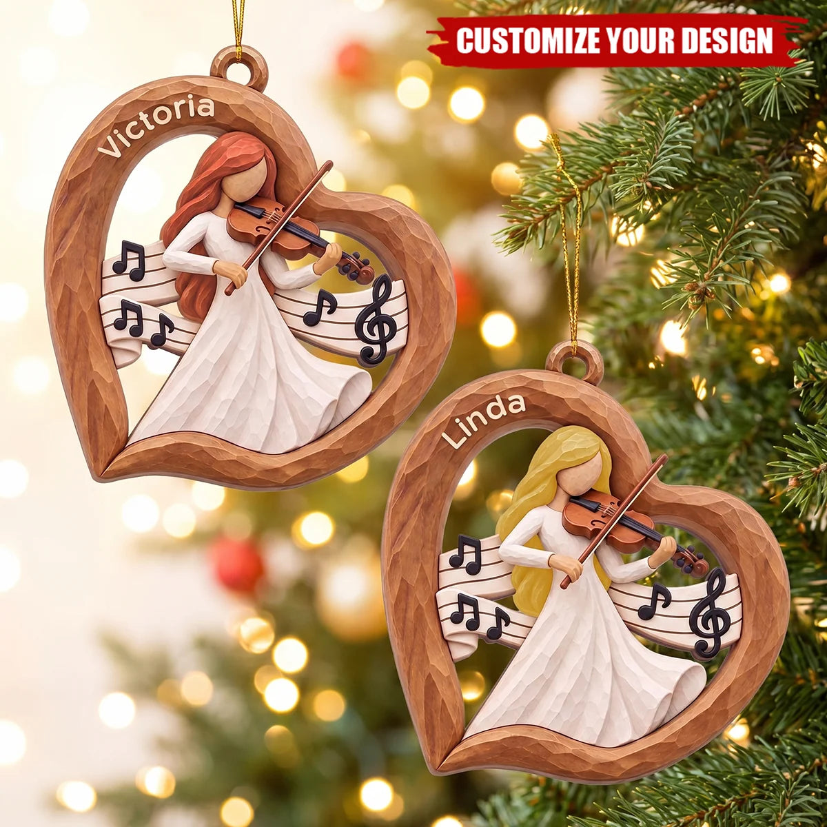 Violin Girl Heart Keepsake Personalized Wooden Ornament - Custom Christmas Holiday Gift for Daughter Musician