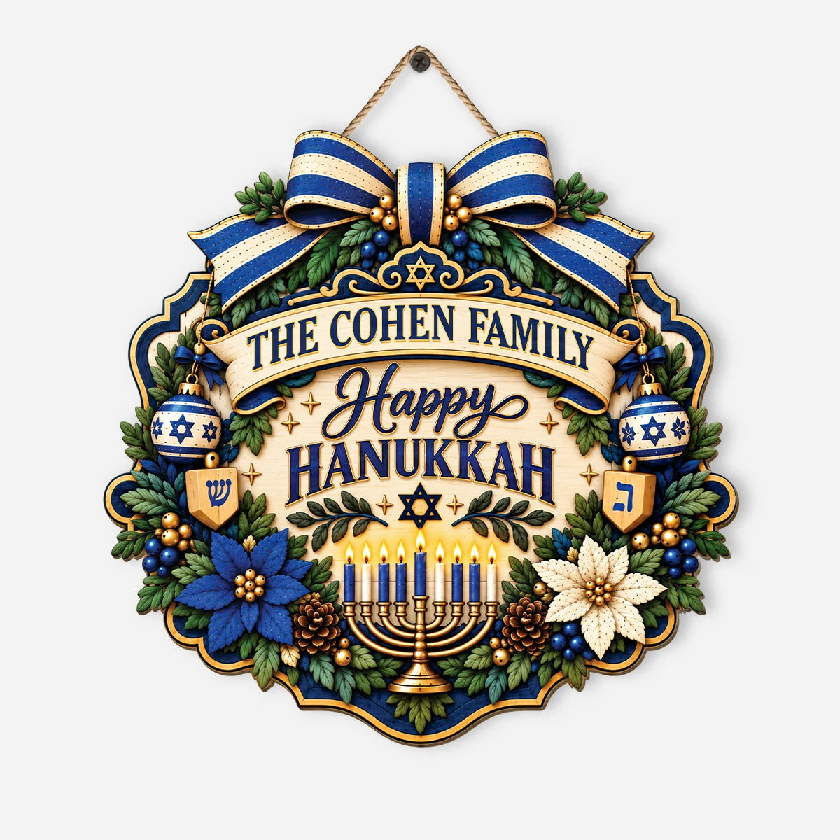 Happy Hanukkah Personalized Wood Sign - Custom Last Name Holiday Door Decor Keepsake for Family