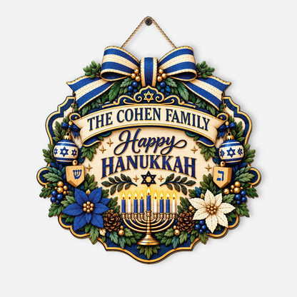 Happy Hanukkah Personalized Wood Sign - Custom Last Name Holiday Door Decor Keepsake for Family