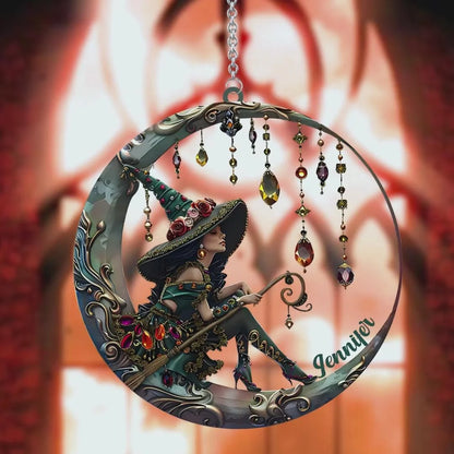 Celestial Crescent Moon Witch Personalized Suncatcher Ornament - Custom Halloween & Fall Home Decor for Best Friends