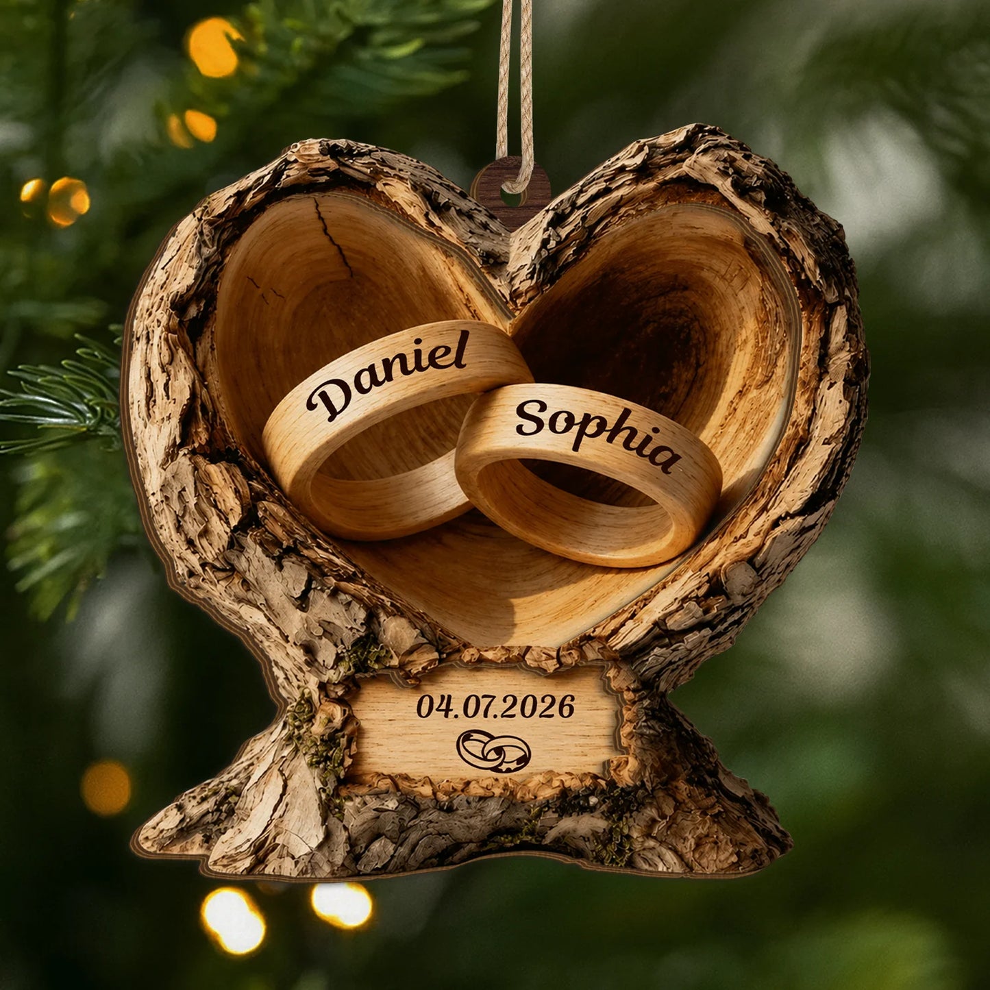 Personalized Wedding Rings Heart Wooden Ornament - Custom Keepsake Gift for Couples & Anniversary