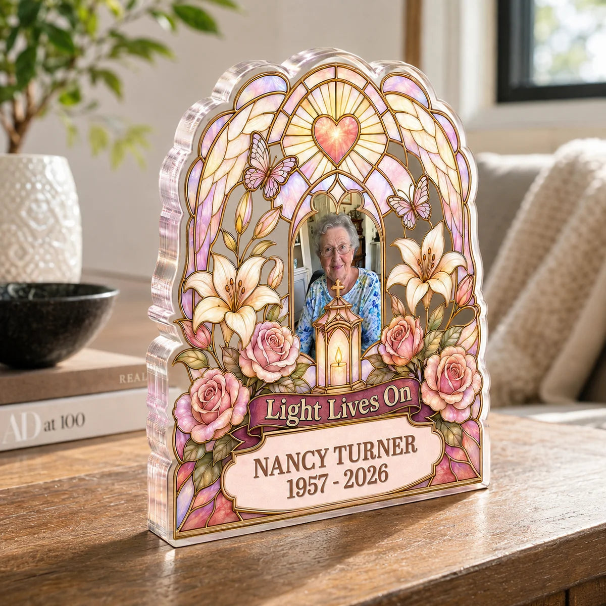 "Light Lives On" Personalized Photo Memorial Acrylic Plaque - Custom Bereavement Keepsake for Family