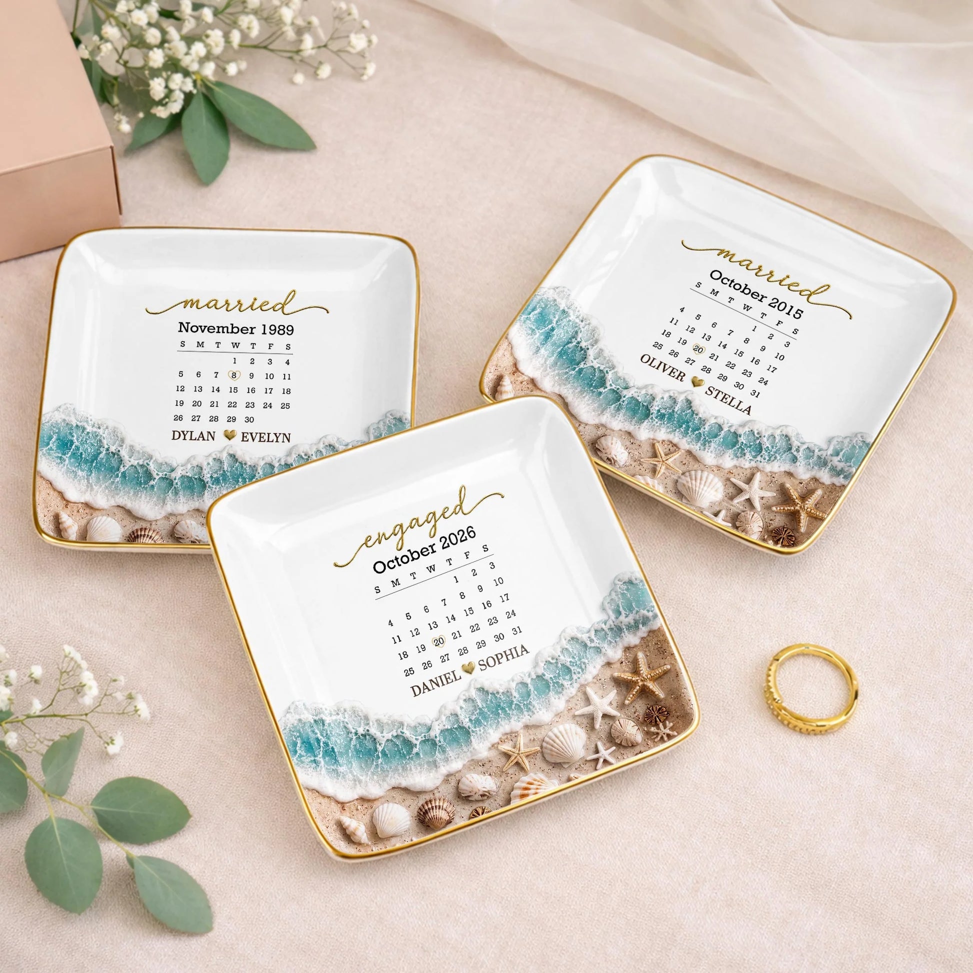 Custom Engaged Calendar Ring Dish for Couples with personalized design details for meaningful gifting image 6