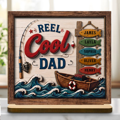 Personalized fishing gift for dad wood plaque with custom kids name fish tokens on a wooden base