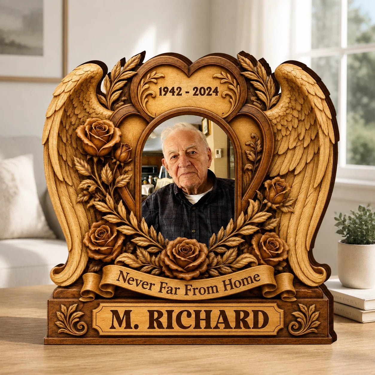 Never Far From Home Personalized Memorial Wooden Block - Custom Photo Keepsake for Family
