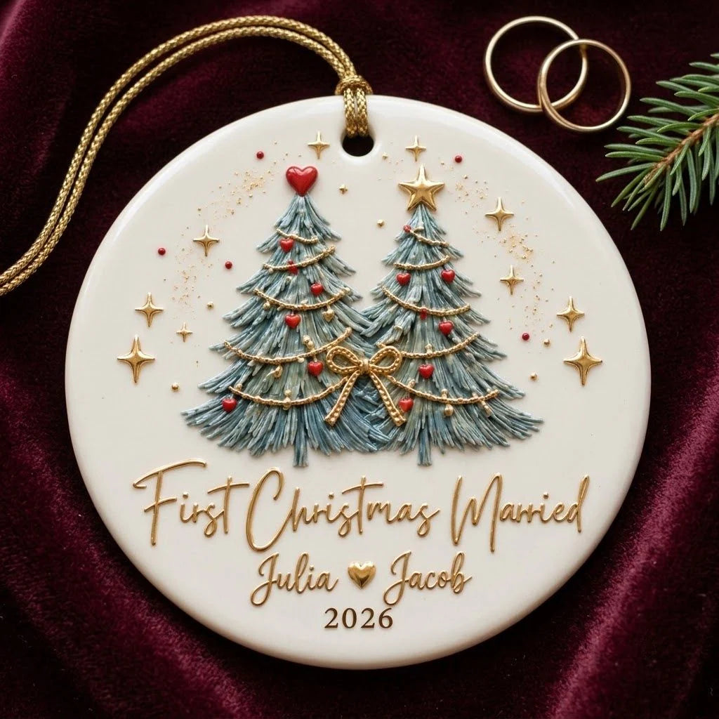 First Christmas Married Personalized Ceramic Ornament - Custom Newlywed Holiday Keepsake Gift for Couples