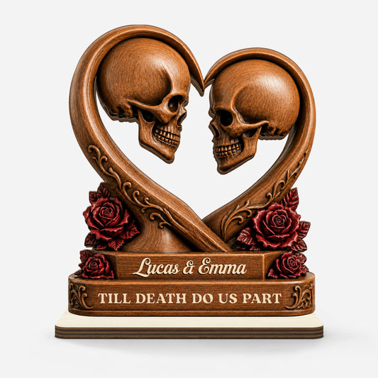 Till Death Do Us Part Skull Heart Wooden Plaque - Personalized Couples Gift for Anniversary