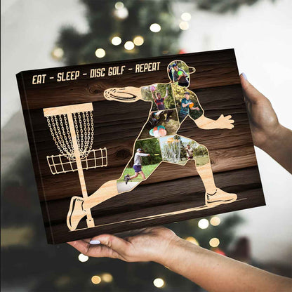 "Eat Sleep Disc Golf Repeat" Personalized Photo Collage Canvas / Poster - Custom Gift for Disc Golfers