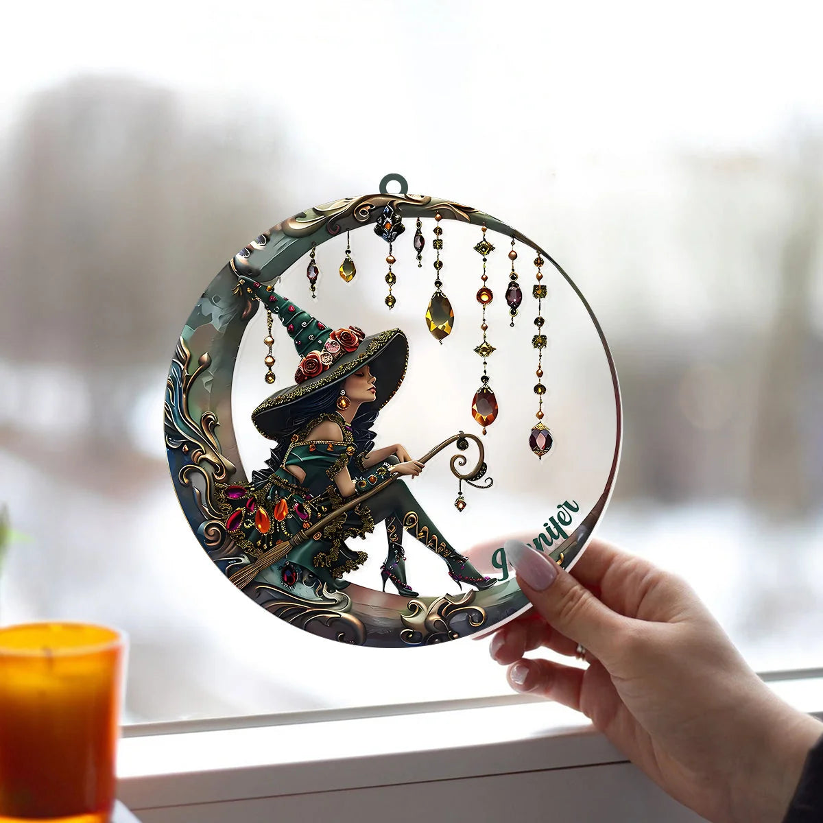 Celestial Crescent Moon Witch Personalized Suncatcher Ornament - Custom Halloween & Fall Home Decor for Best Friends
