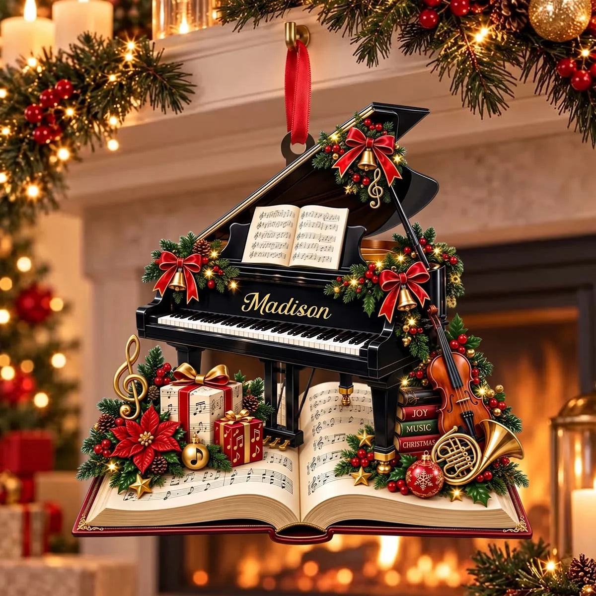 Personalized Grand Piano Wooden Ornament - Custom Christmas Gift for Pianists & Music Teachers