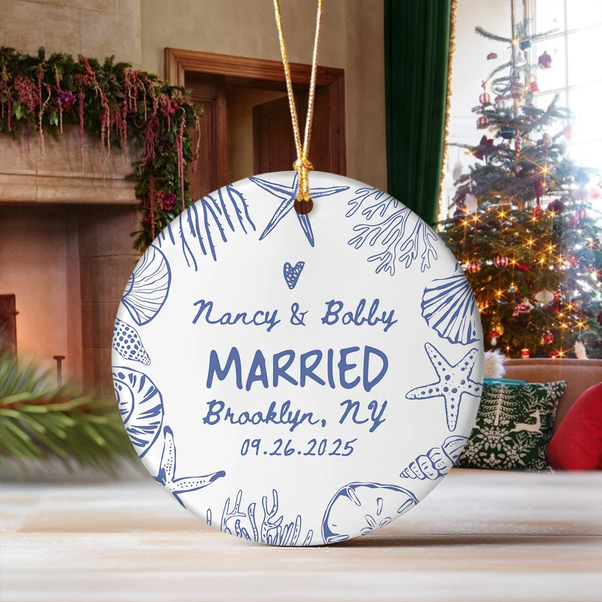 Personalized Engaged Coastal Ceramic Ornament - Custom Beach Wedding Keepsake Gift for Couples