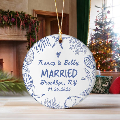 Personalized Engaged Coastal Ceramic Ornament - Custom Beach Wedding Keepsake Gift for Couples
