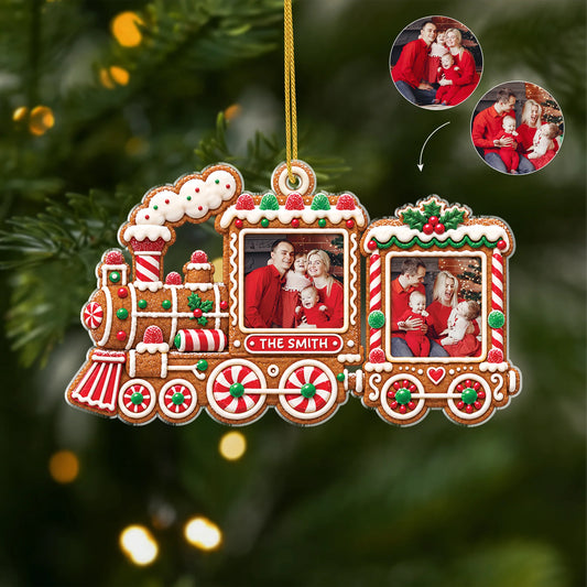 Custom Photo Gingerbread Christmas Train Acrylic Ornament - Personalized Gift for Family