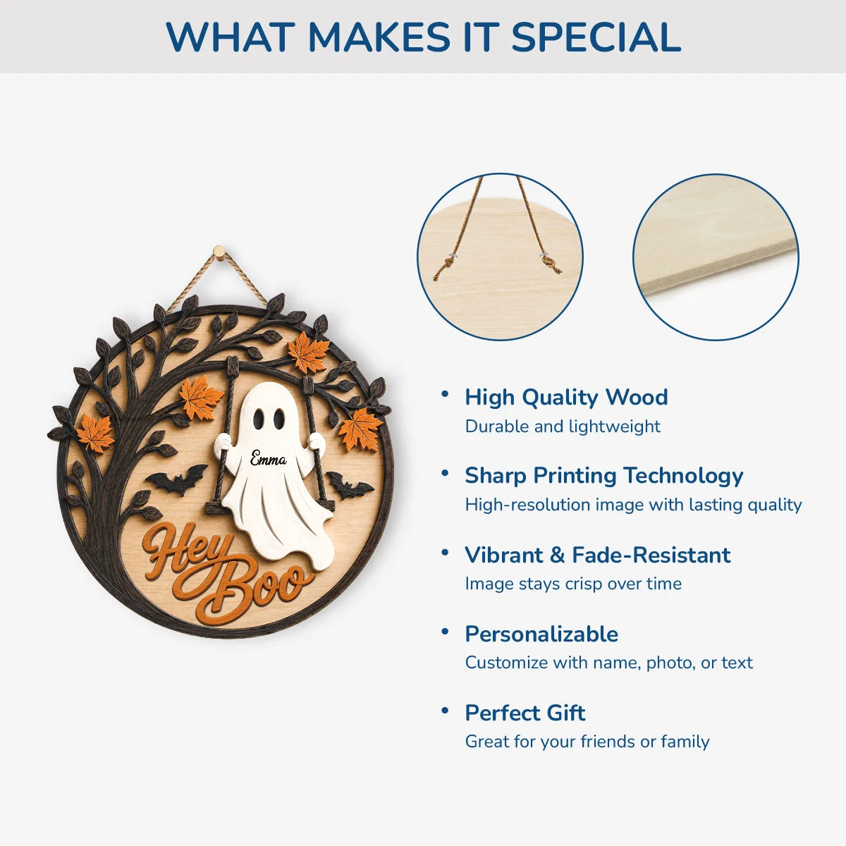 Hey Boo Ghost Swing Custom Halloween Wood Sign - Personalized Halloween Door Sign Decor