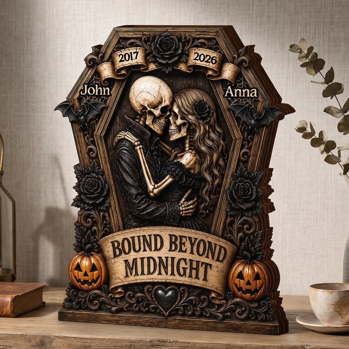 Bound Beyond Midnight Skeleton Couple Personalized Wooden Block - Custom Gothic Halloween Wedding Anniversary Gift