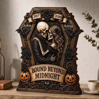 Bound Beyond Midnight Skeleton Couple Personalized Wooden Block - Custom Gothic Halloween Wedding Anniversary Gift