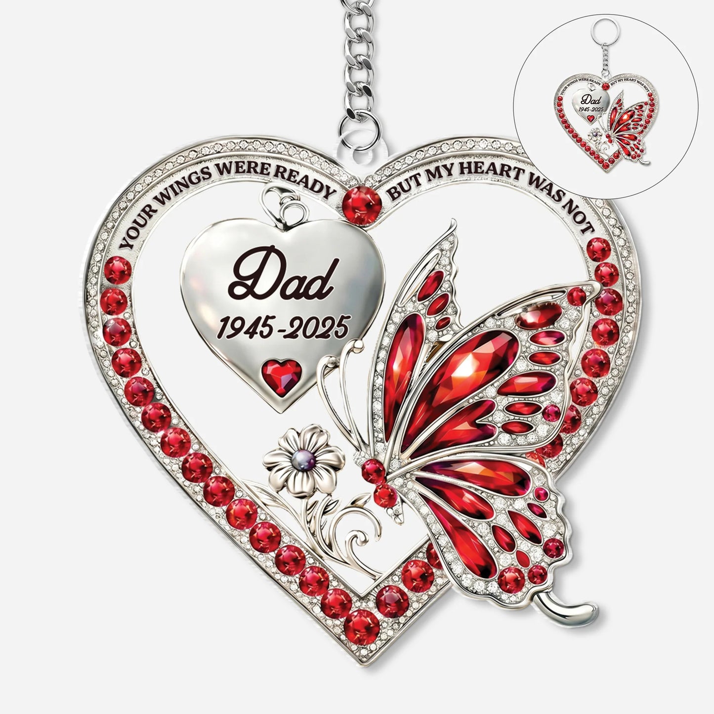 Personalized memorial keychain with butterfly and heart design for loss of mother or father remembrance