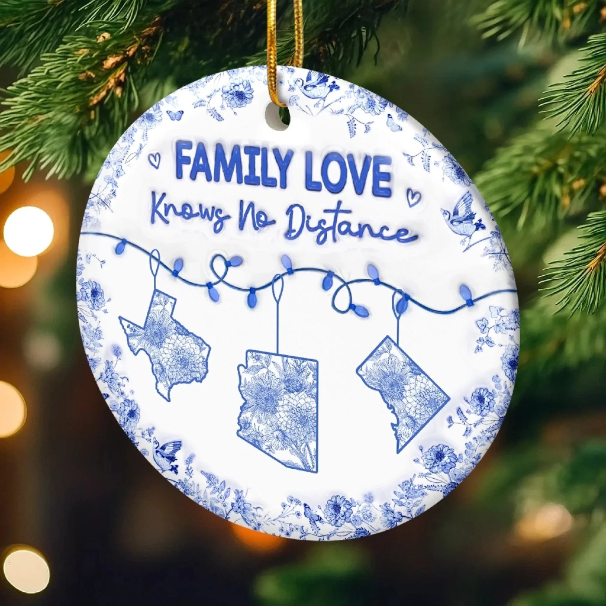 Family Love Knows No Distance Personalized Ceramic Ornament - Custom Long Distance Christmas Gift