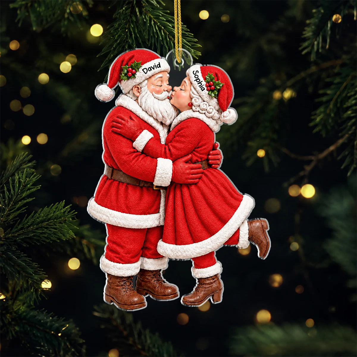 Kissing Santa Couple Personalized Acrylic Ornament - Couples Christmas Keepsake