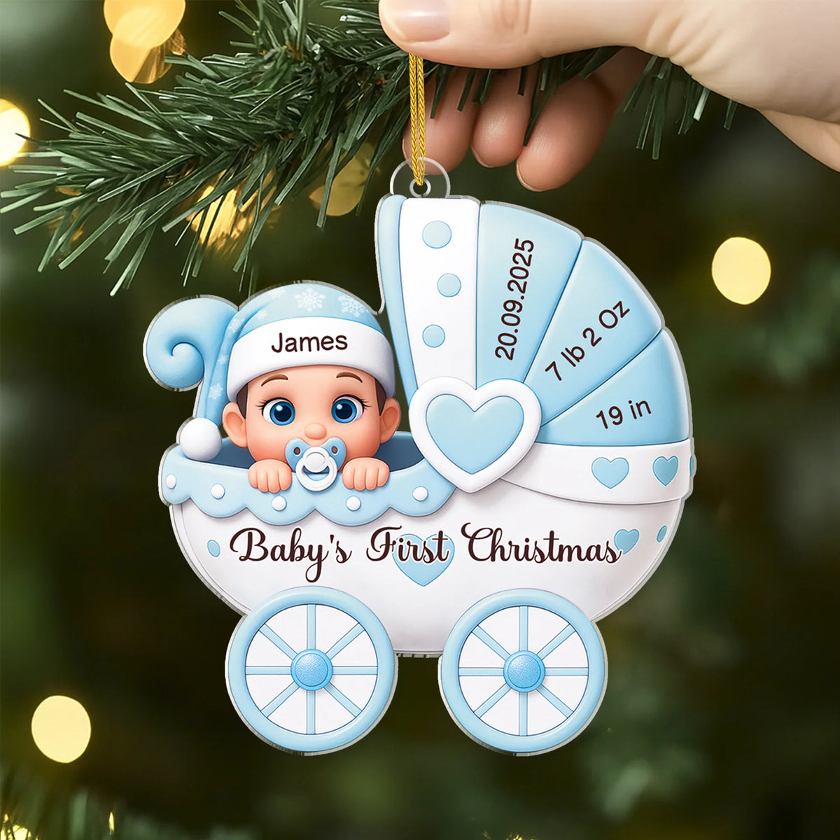 Baby's First Christmas Personalized Acrylic Ornament - Custom Birth Stats Stroller Keepsake for Newborn