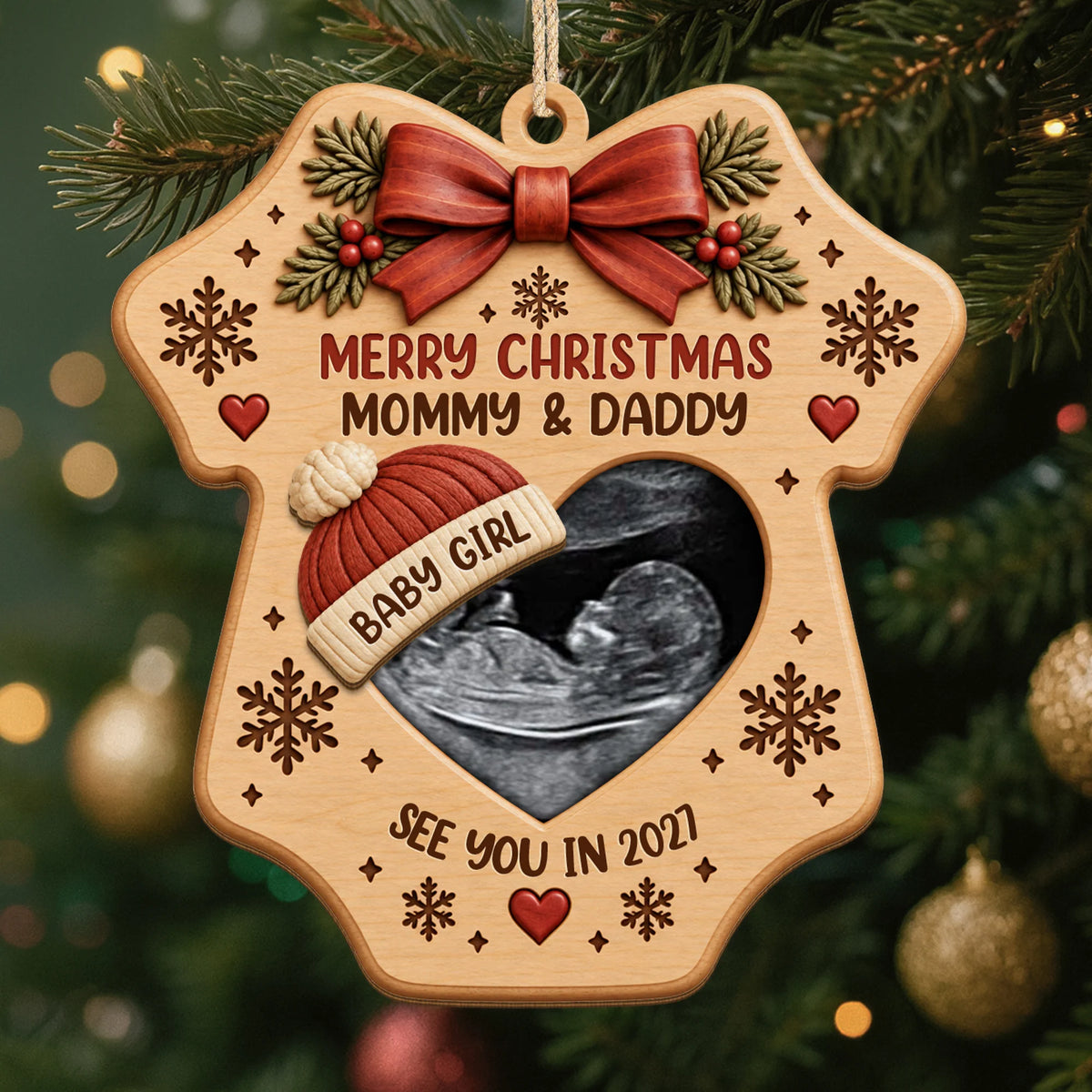Merry Christmas Mommy & Daddy - Personalized Ultrasound Wooden Ornament for Expecting Parents