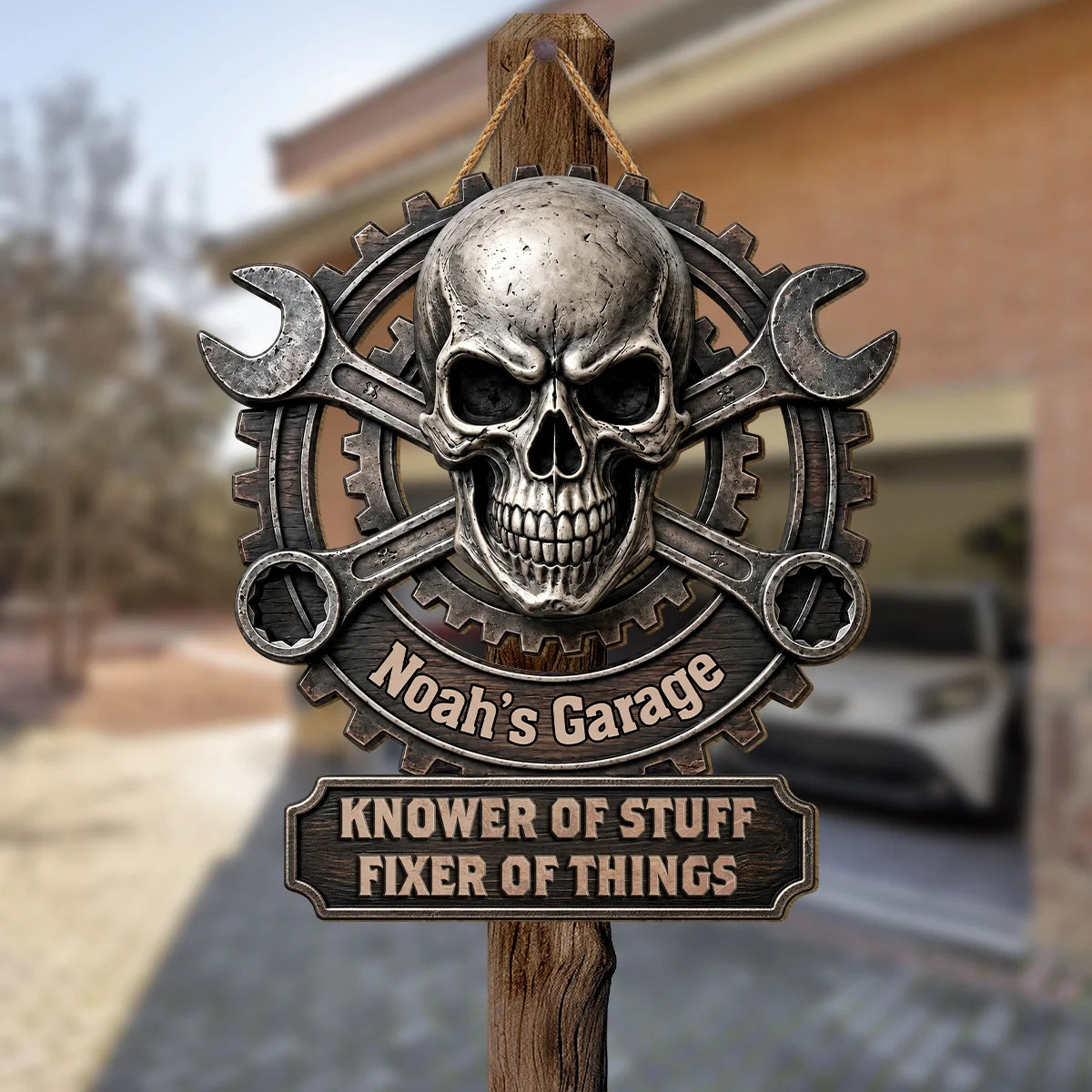 "Knower of Stuff Fixer of Things" Custom Garage Wood Sign - Personalized Mechanic Skull Gift