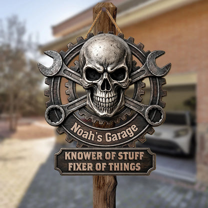 "Knower of Stuff Fixer of Things" Custom Garage Wood Sign - Personalized Mechanic Skull Gift